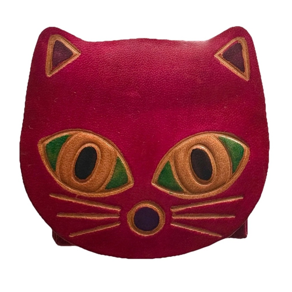 Genuine Leather Magenta Red Cat Face Coin Purse